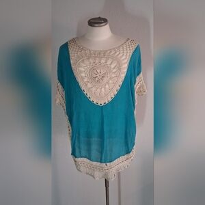 Paradise Teal and Cream Crochet Swim Coverup